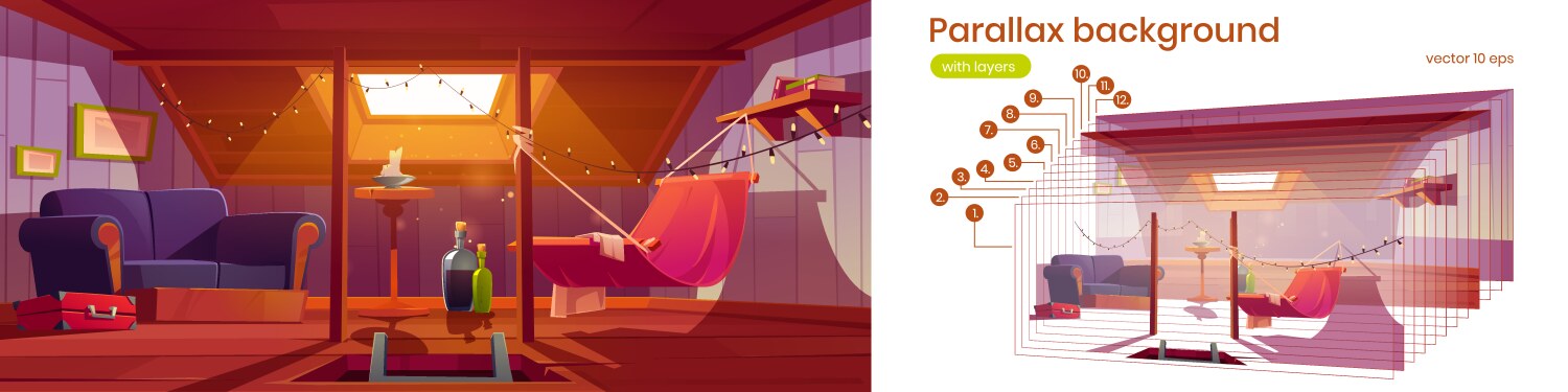 Parallax background with attic room hammock vector image