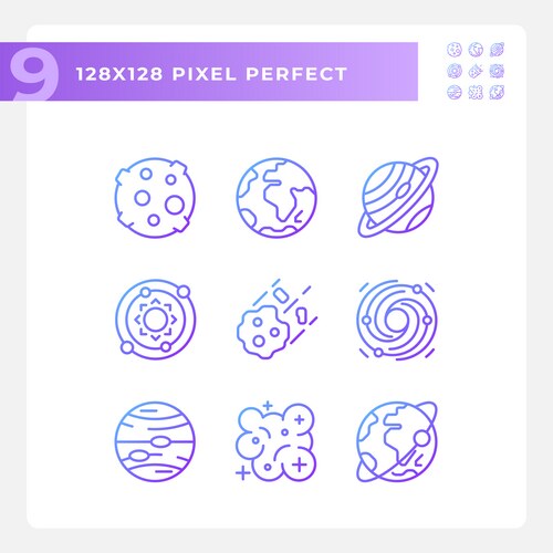 Space pixel perfect gradient linear icons set – Royalty-Free Vector ...