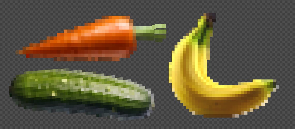 Pixel art set featuring banana cucumber Vector Image