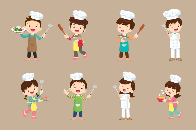 chef kids little smiling boy and girl kitchen vector