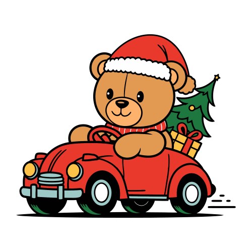 Cute Cartoon Bear Driving a Christmas Car Vector Image