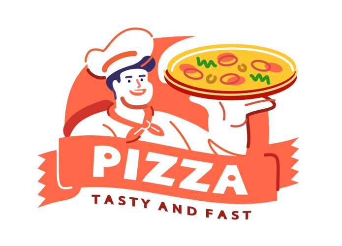Chef cook holding pizza emblem logo Vector Image