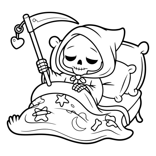 Cartoon grim reaper sleeping in bed with scythe Vector Image