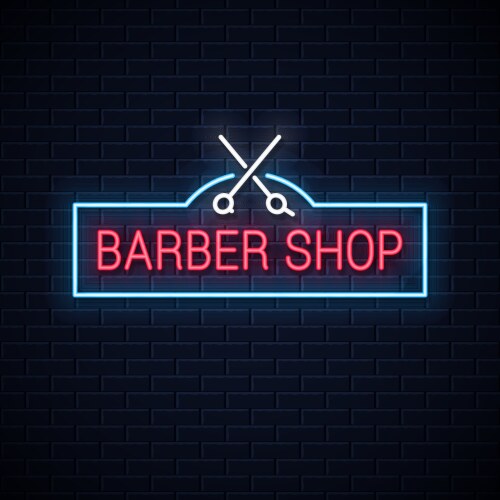 barber shop neon sign with scissors vector