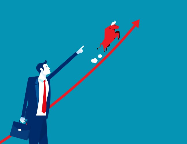 businessman point growing graph with bull running vector