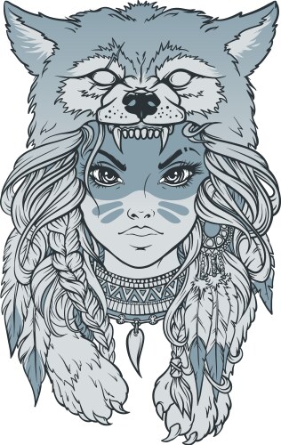 native american girl with wolf headdress vector