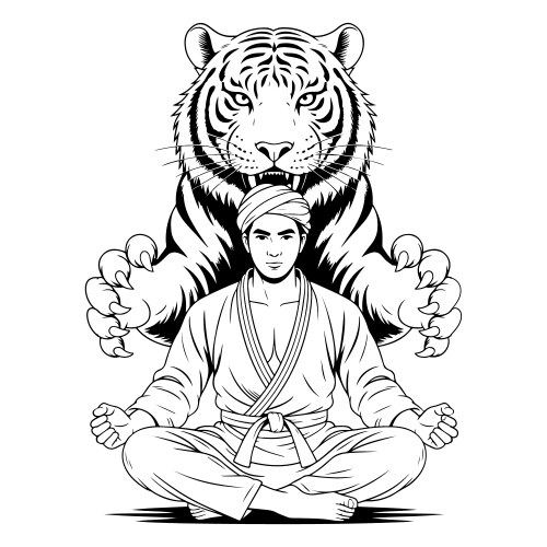 Man meditating with tiger behind in black Vector Image