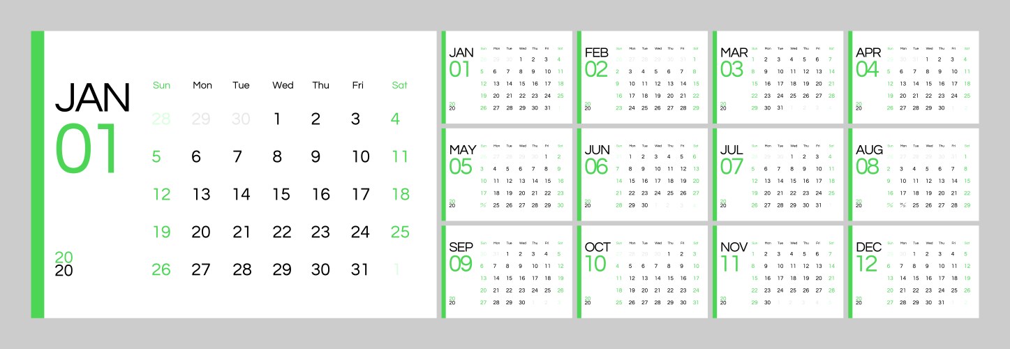 Calendar for 2020 new year in clean minimal table vector image