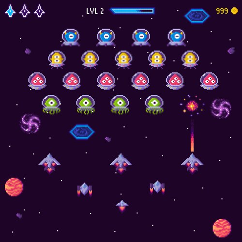 Retro pixel space shooter game level with aliens vector image