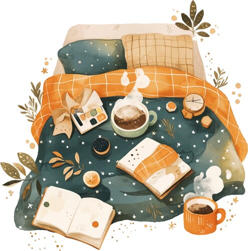 Cozy Bed with Books and Drinks Vector Image