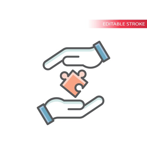 Hands and puzzle piece line icon vector image