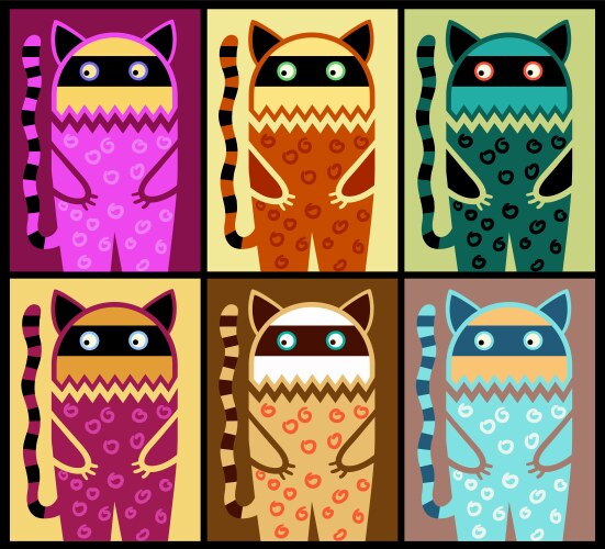 Six colored fantasy cat pattern vector image