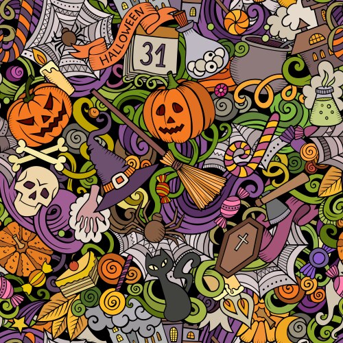 Cartoon cute doodles hand drawn halloween seamless vector image