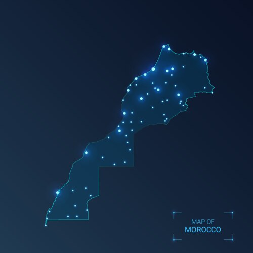 morocco map with cities luminous dots - neon vector image