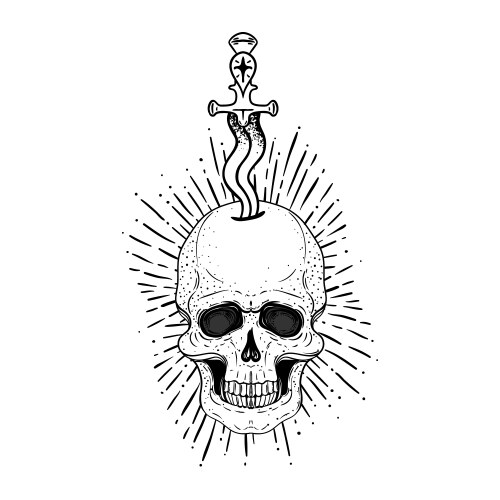 Dagger in skull tattoo design with rays isolated Vector Image