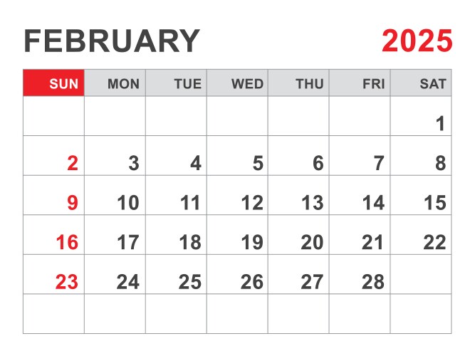 February 2025calendar 2025 template Royalty Free Vector