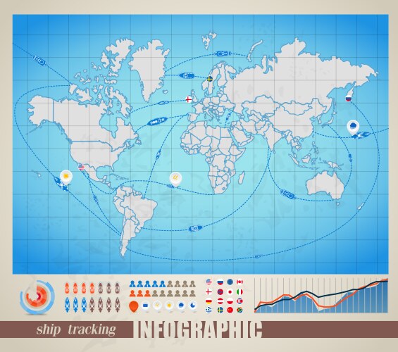 World map with ship tracking vector image