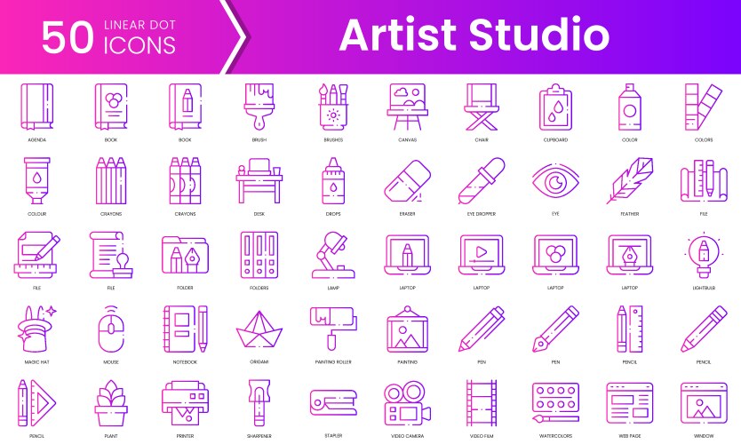 Set of artist studio icons gradient style icon vector image