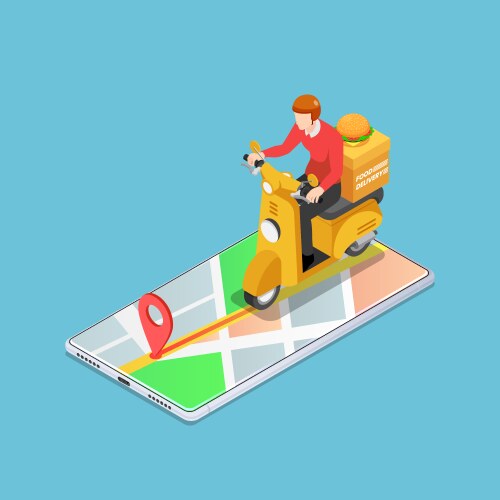 Isometric delivery man ride motorcycle vector image