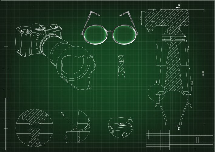 3d model of the camera on a green drawing Vector Image