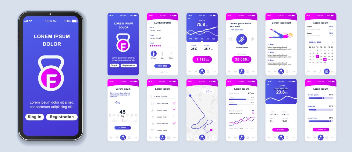 Different ui ux gui screens fitness app and flat Vector Image
