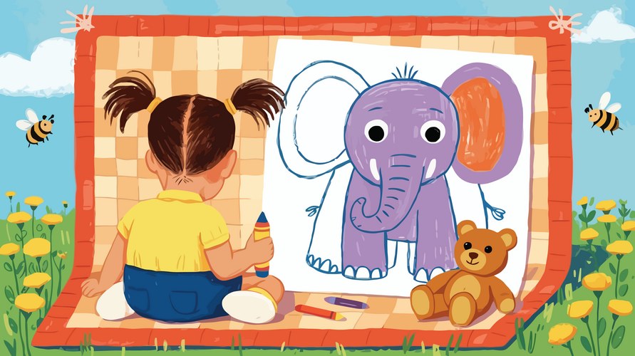 Girl Drawing Elephant Outdoors Vector Image