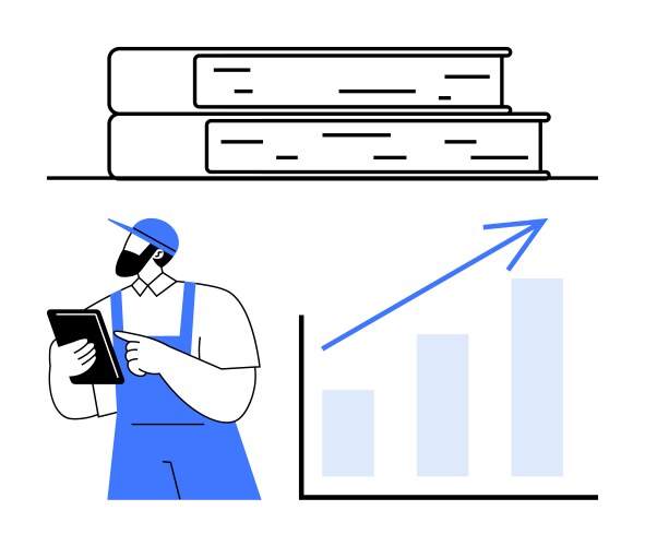 Worker evaluating data on tablet with growth chart vector image