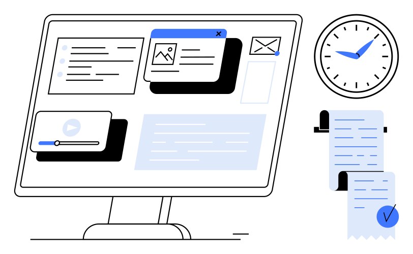 Digital workspace with computer monitor clock vector image