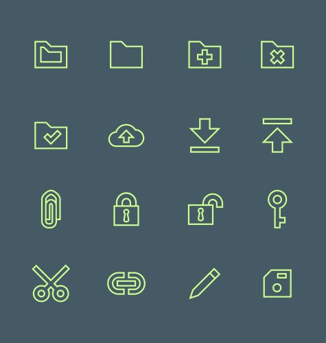 Green outline various file actions icons set vector image