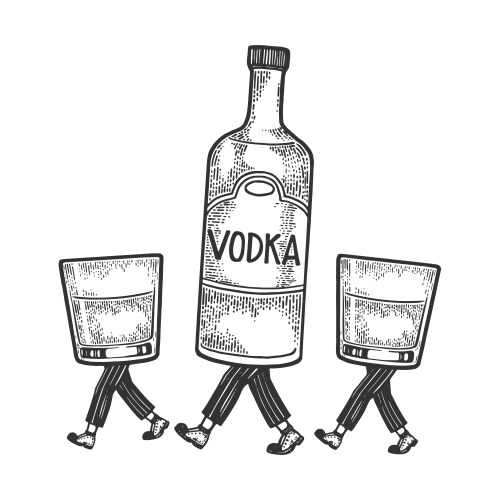 Vodka walks on its feet sketch engraving vector image