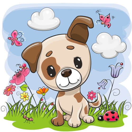 cartoon puppy on a meadow with flowers vector image