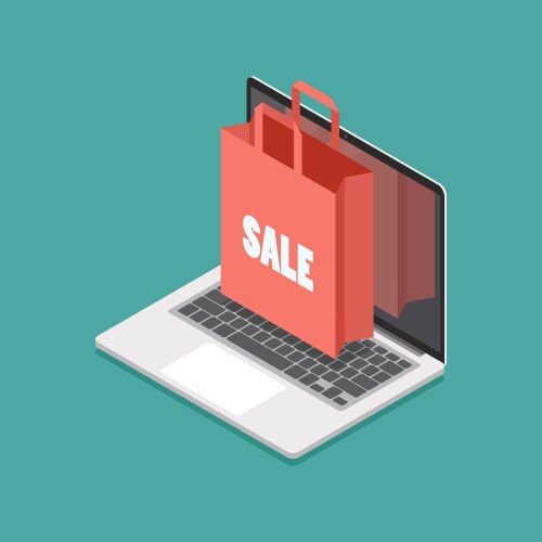 Shopping bag on laptop screen isometric view vector image