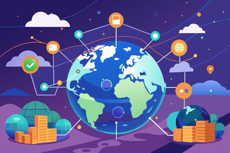 Digital network with glowing data points world vector image