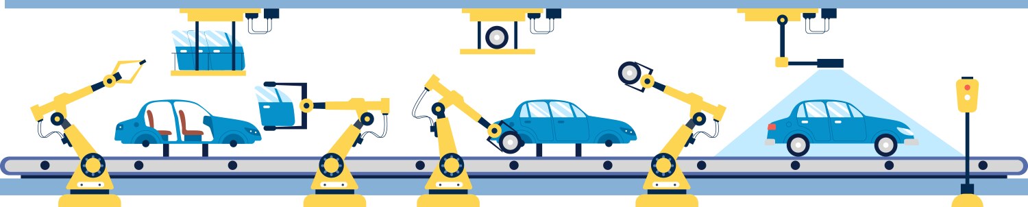 Car factory automatic assembly line with robotic vector image