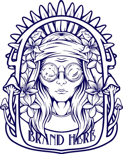 Hippie girl floral mushrooms badge label outline vector image