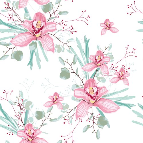 Eucalyptus & Pink Orchid Floral Pattern Vector Image