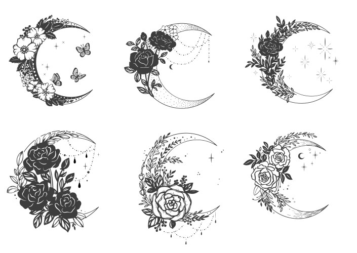 Moon with flowers esoteric symbols set Vector Image