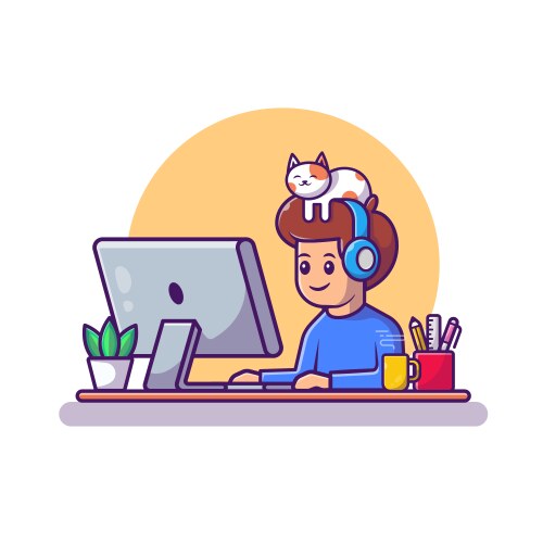 male working on computer with cat cartoon vector