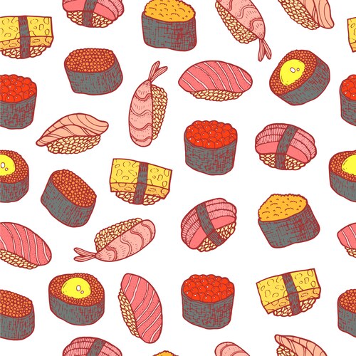 Sushi and rolls seamless pattern doodle cartoon Vector Image