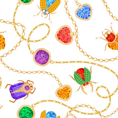 Golden chains and brooch gems seamless pattern Vector Image