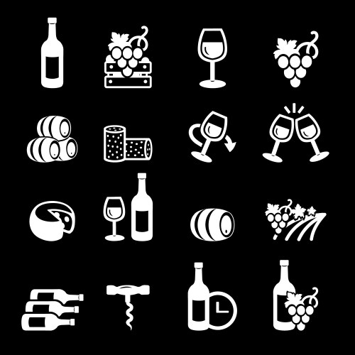 wine white icons on black background set winery vector