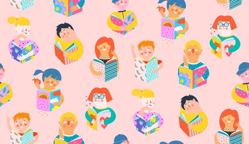 people reading books at library seamless pattern vector