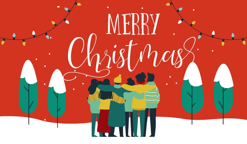 christmas diverse friend group hug greeting card vector