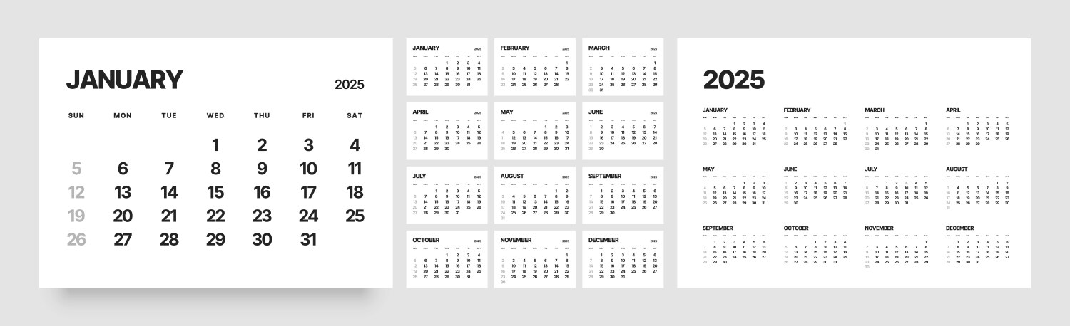 Monthly calendar layout for 2025 planner diary vector image