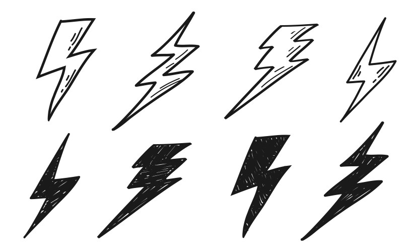 Set of electric lightning thunder bolt in doodle vector image