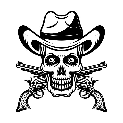 Skull in cowboy hat and two crossed pistols vector image