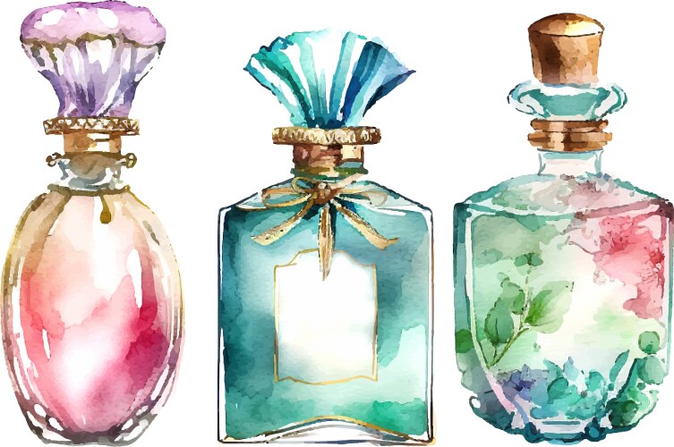 watercolor perfume bottle with flowers fashion vector