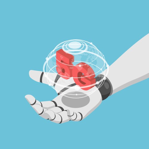 isometric ai robot hand holding virtual wolrd vector image