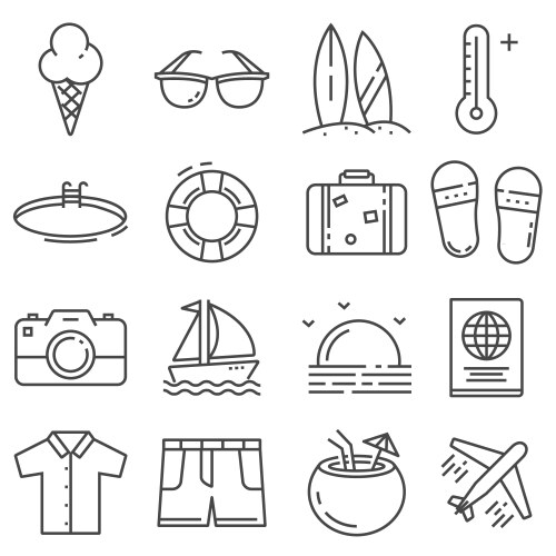 Summer icons gray thin line set Vector Image