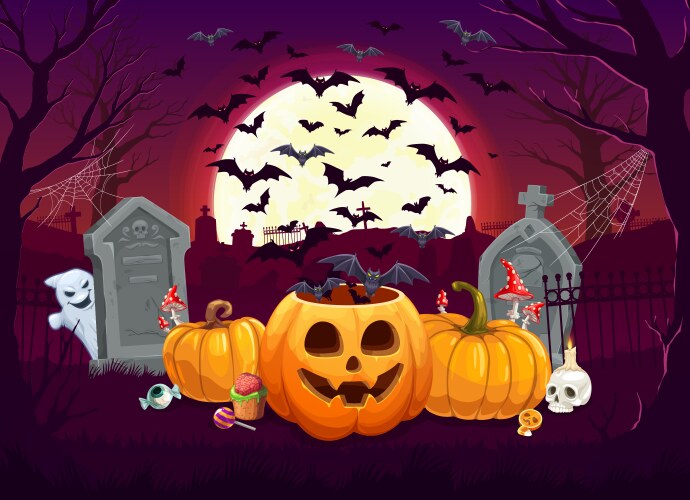 Cartoon halloween pumpkins sweets and bats cloud vector image